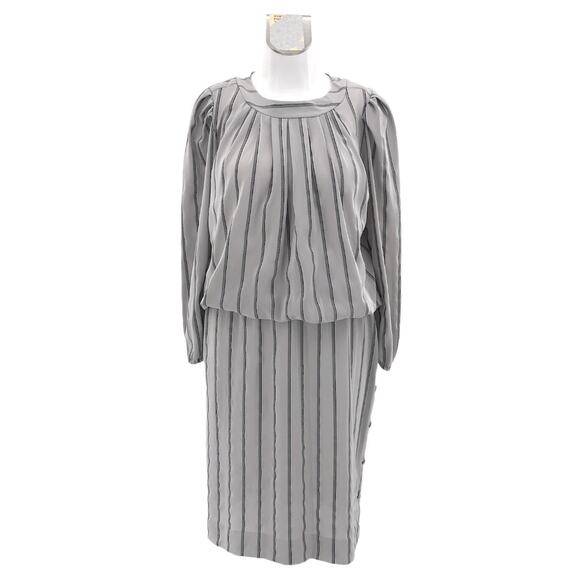 JB Too (14) American VINTAGE 80s Gray Striped Midi Blouson Day Dress Long Sleeve - Picture 1 of 7